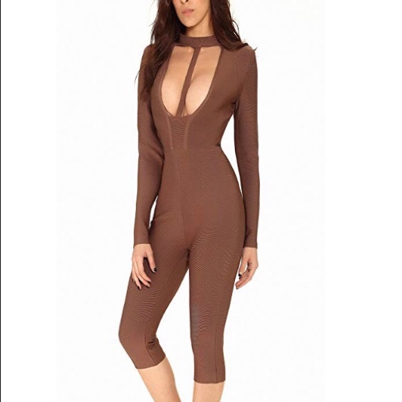 Whoinshop Pants - “Cocoa” Brown Bandage Bodycon Jumpsuit